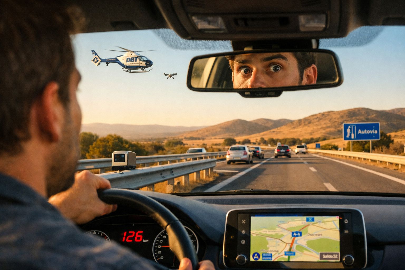 Homem a conduzir em autoestrada com velocidade elevada, visto pelo espelho retrovisor e helicóptero da polícia no céu.