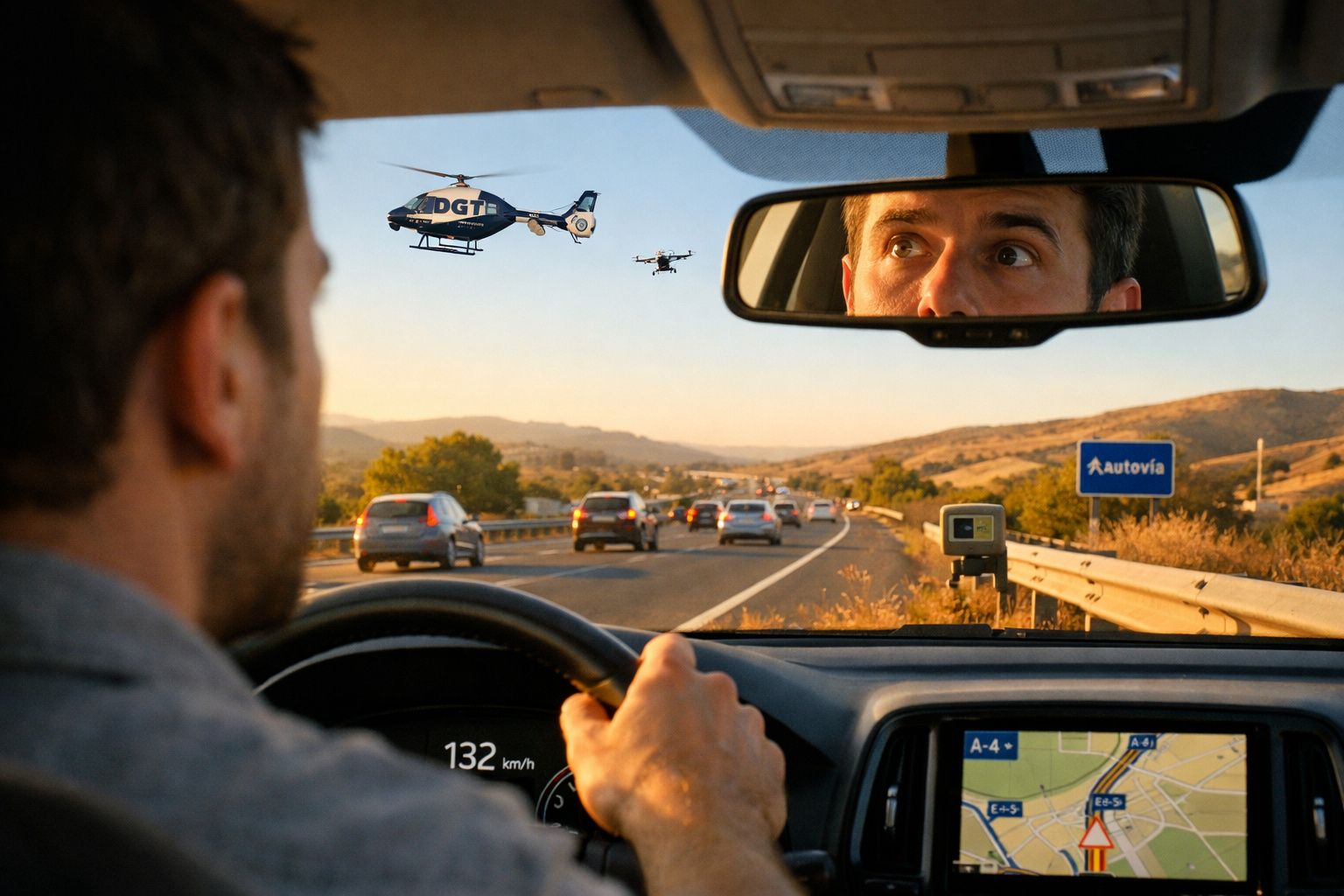 Condutor numa autoestrada com um helicóptero da DGT e um drone a monitorizar o trânsito ao entardecer.