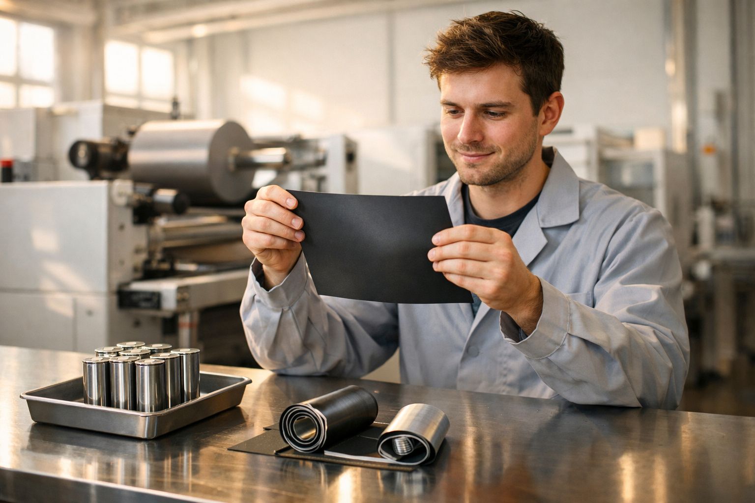 Homem em laboratório inspeciona filme fotográfico perto de rolos e equipamento especializado.