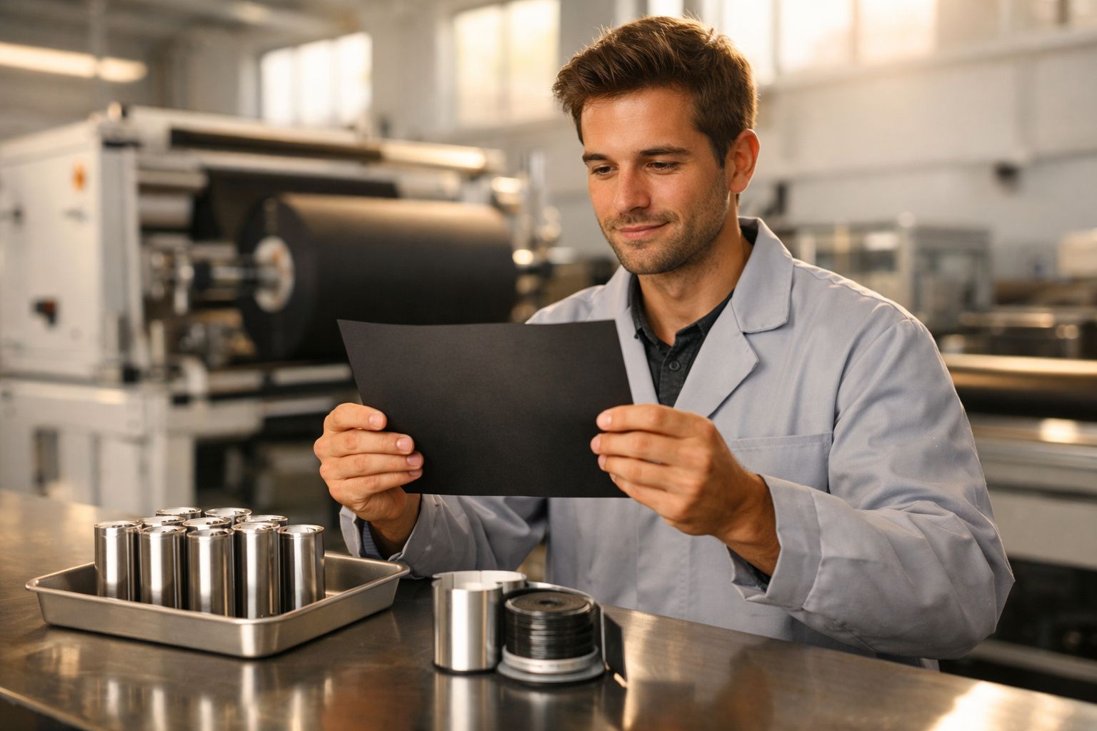 Homem com bata cinzenta examina uma peça preta metálica numa fábrica industrial.