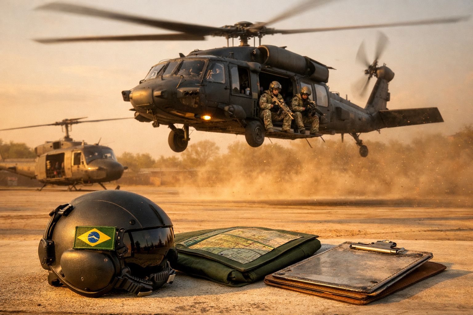 Capacete militar com bandeira do Brasil, mapa e clipboard em primeiro plano, helicópteros militares e soldados em movimento a
