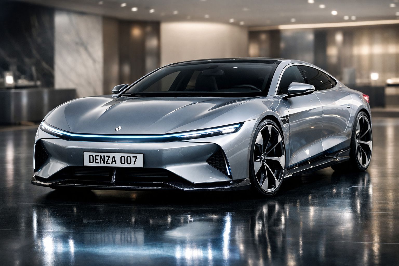 Carro elétrico cinzento moderno Denza 007 estacionado em piso interior refletivo, com linhas aerodinâmicas e faróis LED finos