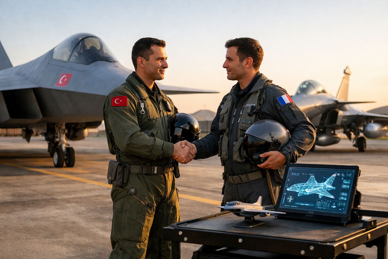 Dois pilotos militares a cumprimentar-se ao lado de dois caças e um ecrã com imagem digital de avião.