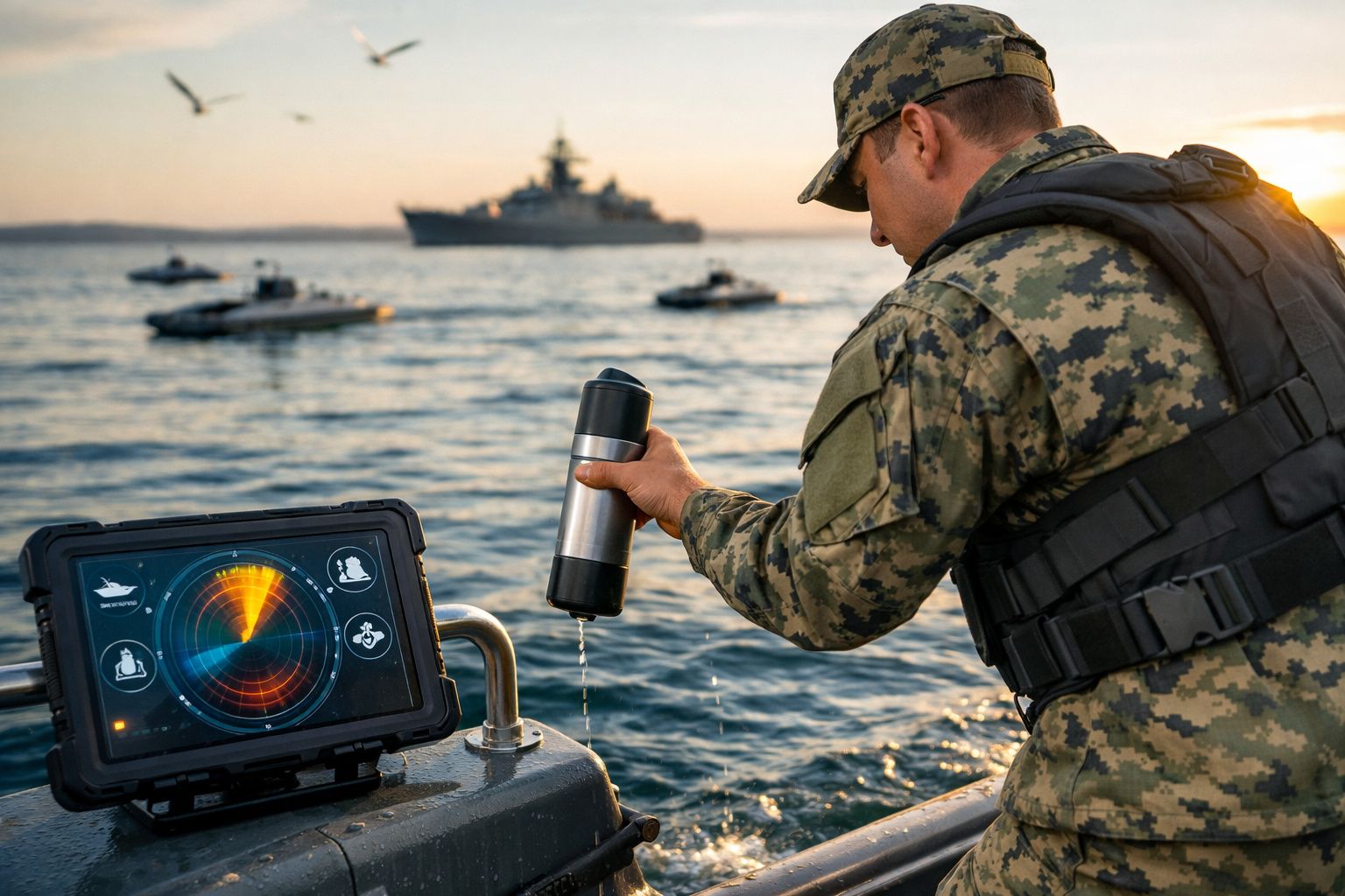 Militar em uniforme camuflado a ver radar marítimo num barco com navios e marítimo ao fundo ao pôr do sol.