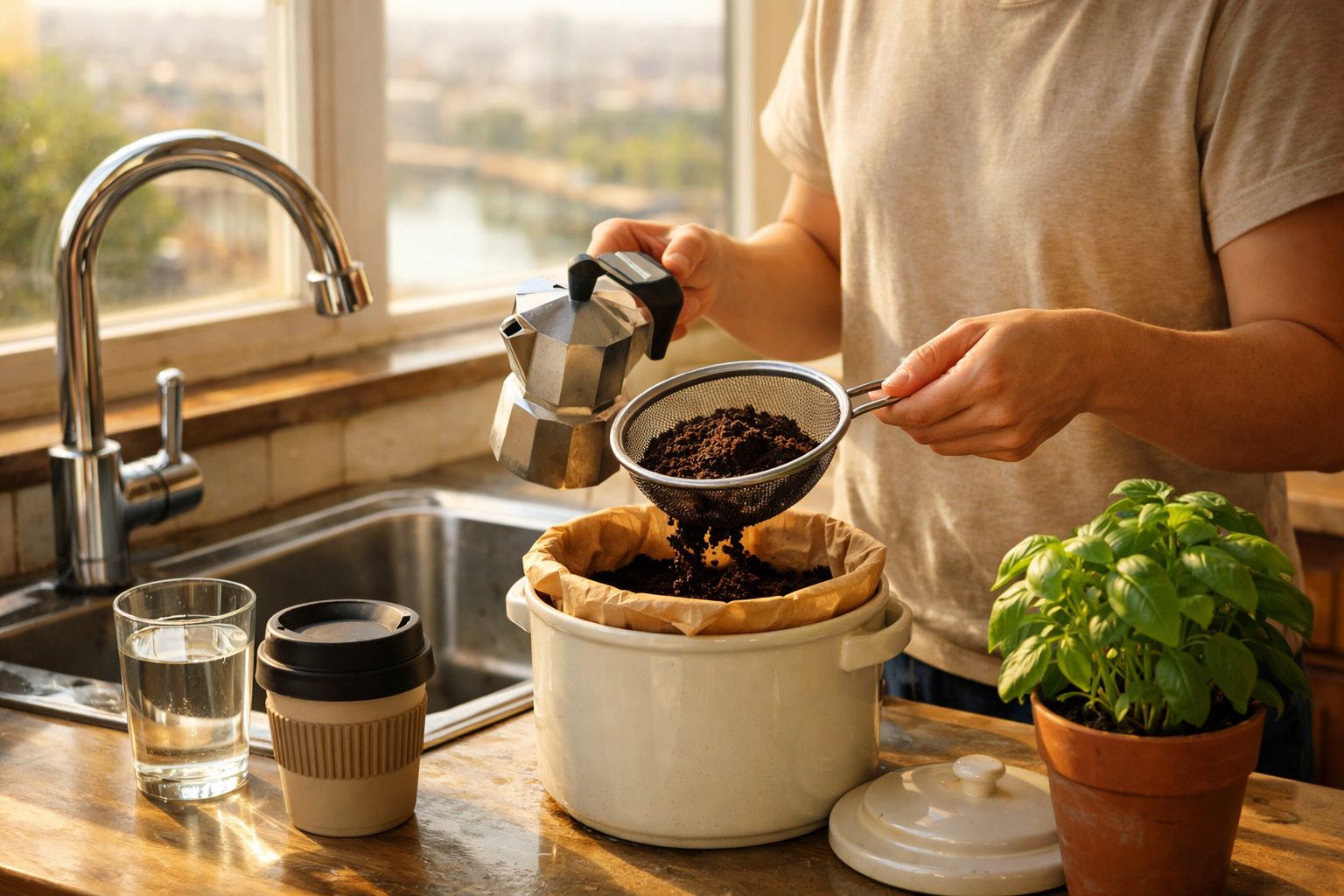Pessoa a colocar borra de café num filtro junto a uma janela numa cozinha iluminada pelo sol.