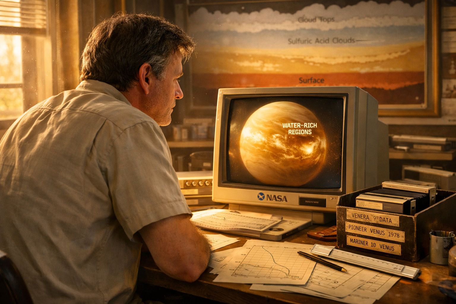 Homem observa monitor retro da NASA com imagem do planeta Vénus e anotações científicas na secretária.