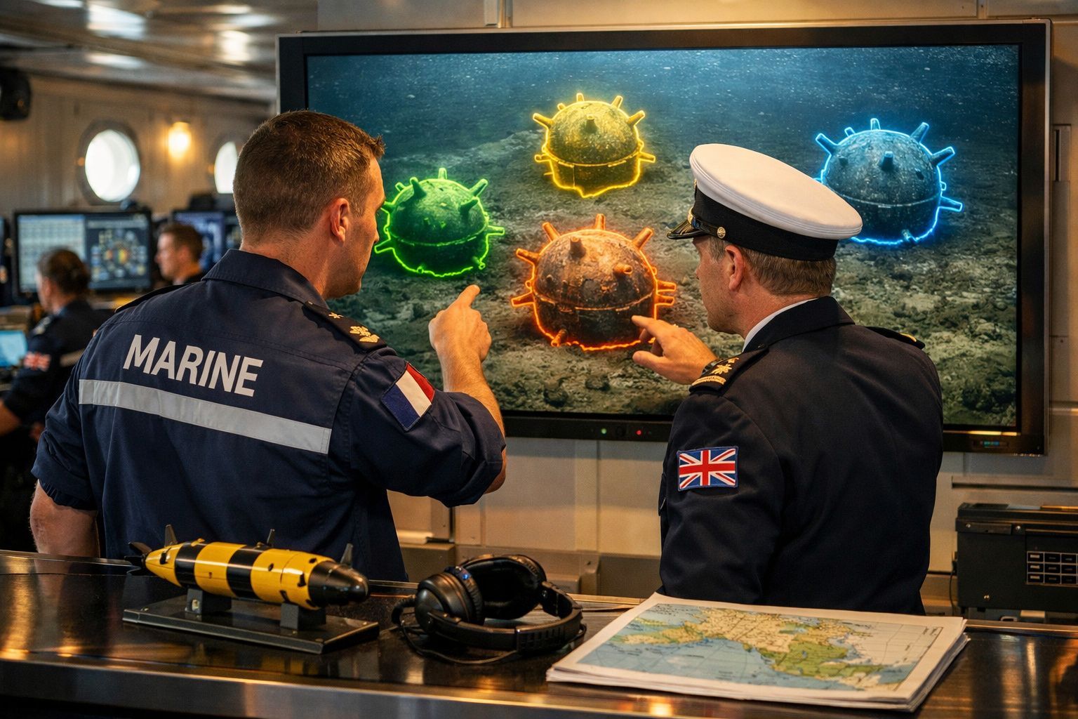 Dois oficiais navais em frente a ecrã com imagens coloridas de minas marítimas submersas.