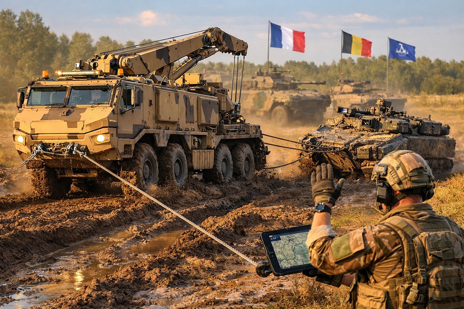 Veículo militar pesado de reboque a puxar blindado atolado em lama, com soldado a orientar operações e bandeiras ao fundo.