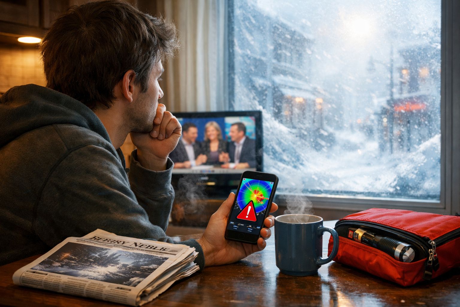 Homem sentado junto a janela com neve e segurando telemóvel com aviso de tempestade, chá quente e jornais na mesa.
