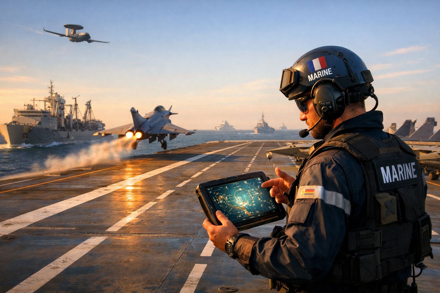 Militar da marinha com tablet na ponte de um porta-aviões durante descolagem de avião de combate ao pôr do sol.