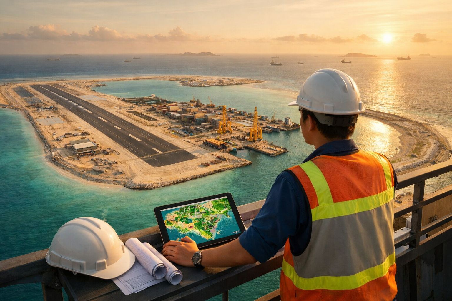 Engenheiro com capacete e colete reflete sobre projeto numa ilha artificial em construção durante o pôr do sol.