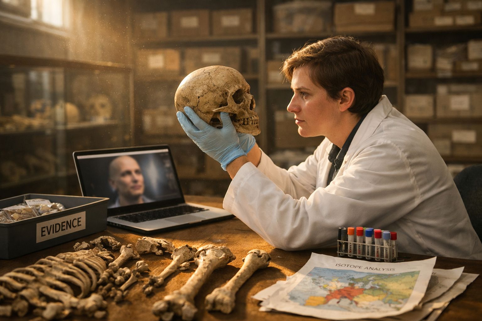 Investigadora forense analisa um crânio humano em laboratório arqueológico com restos ósseos e computador.
