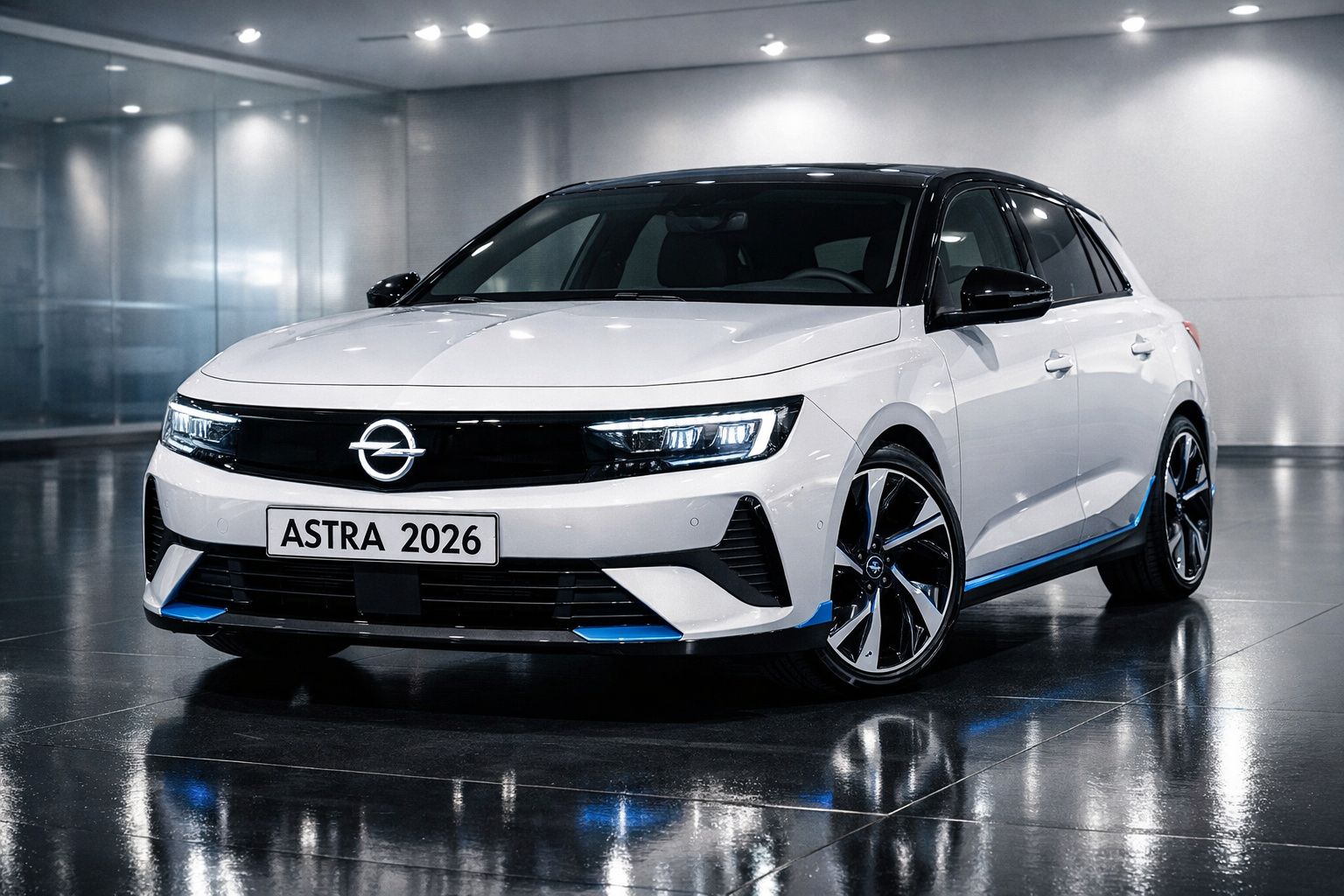 Carro Opel Astra 2026 branco com detalhes em azul, estacionado em piso brilhante interior.