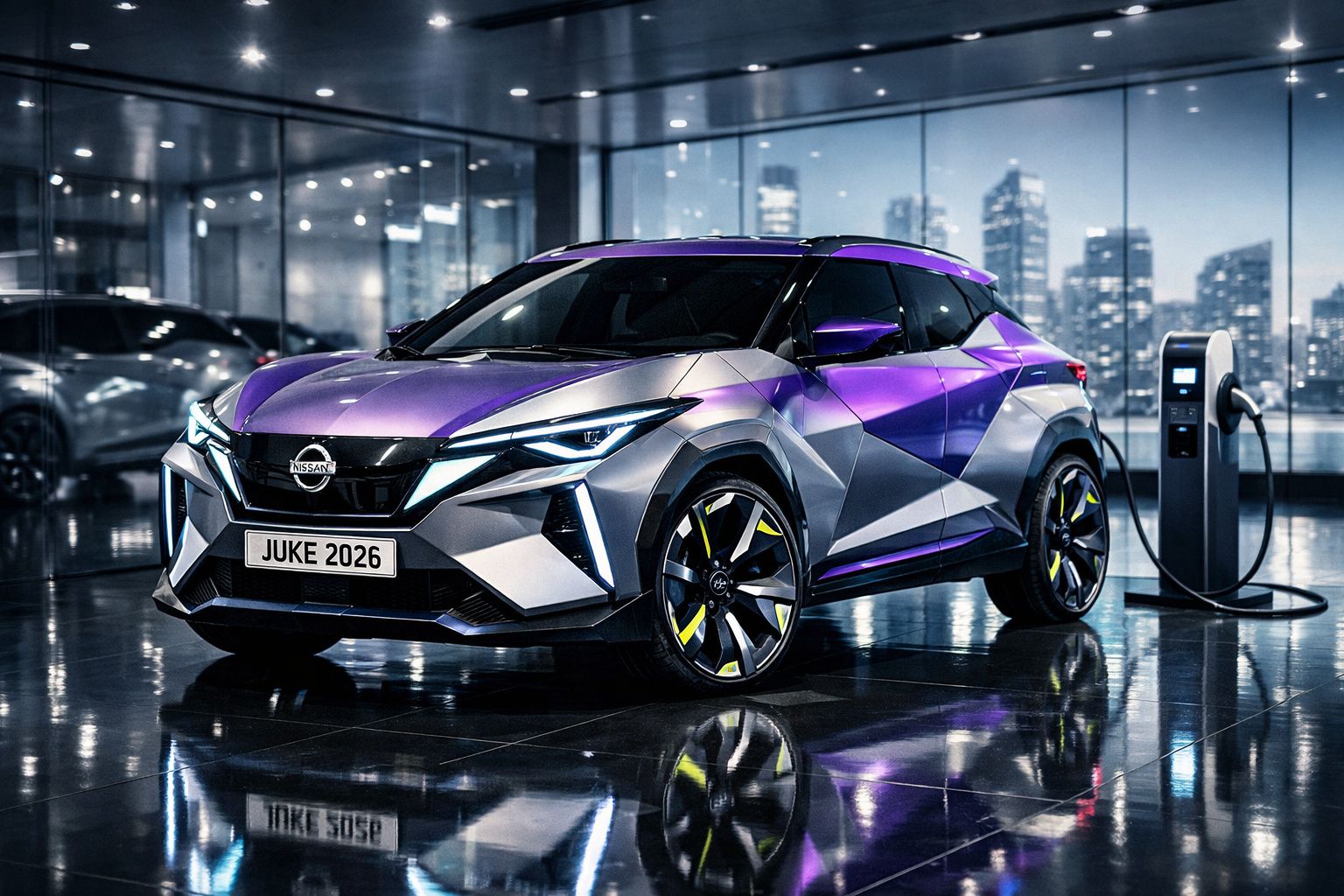 Carro elétrico Nissan Juke 2026 cinza e roxo a carregar numa estação moderna num cenário urbano noturno.