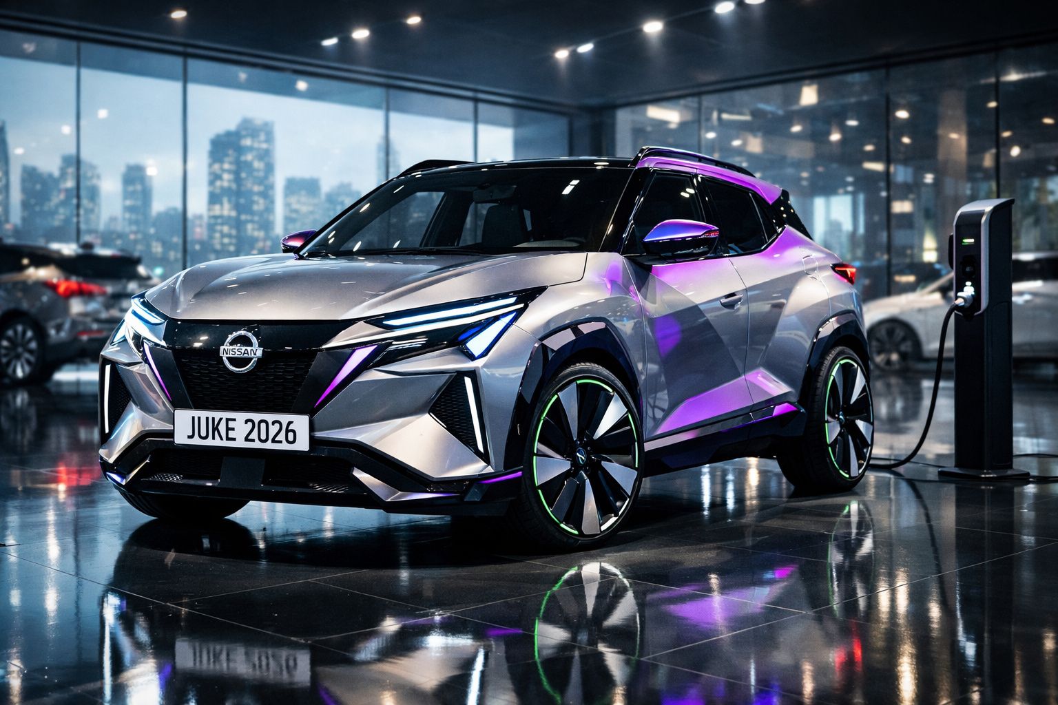Carro elétrico Nissan Juke 2026 cinzento com luzes LED, a ser carregado numa estação urbana moderna.