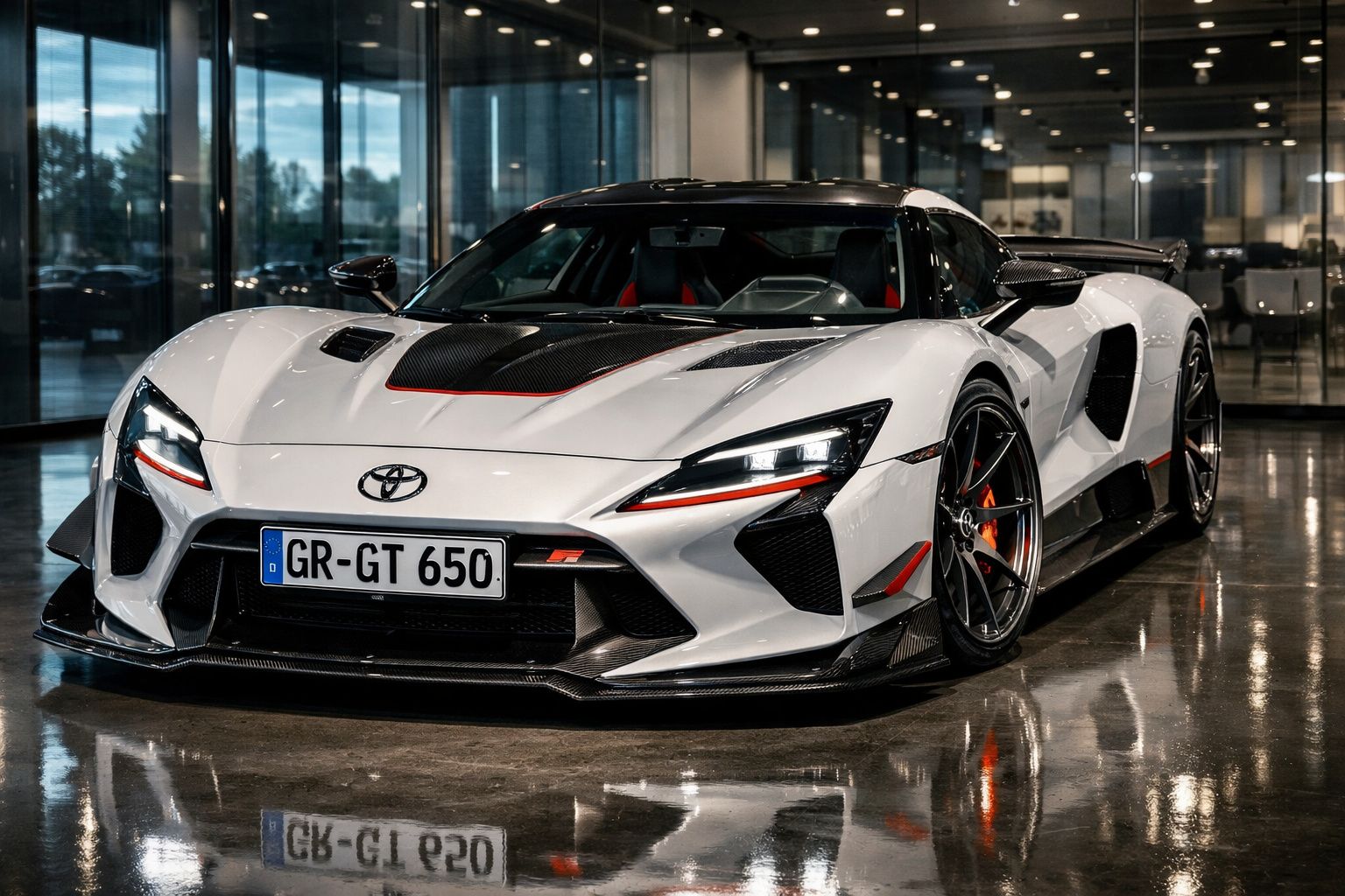 Carro desportivo branco Toyota GR GT 650 estacionado em piso refletor dentro de edifício moderno.
