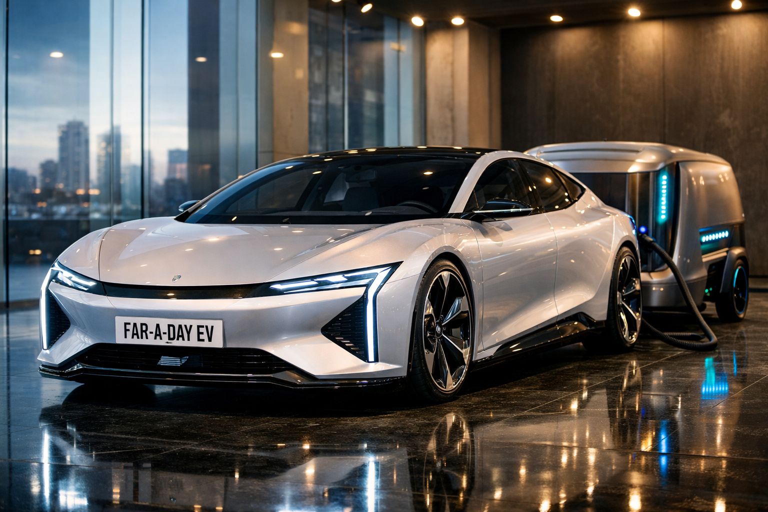 Carro elétrico branco futurista a carregar numa estação de carregamento num ambiente interior urbano.