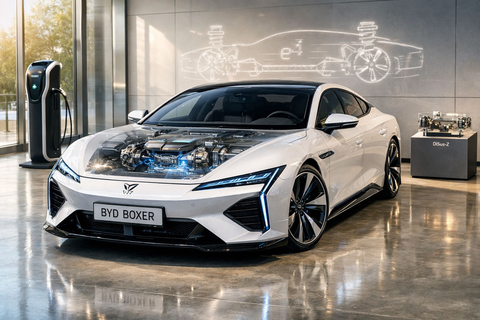 Carro elétrico BYD Boxer branco numa sala com detalhes do motor destacados e estação de carregamento ao lado.