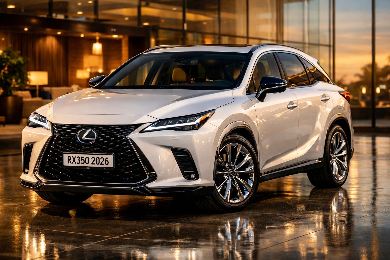 Carro branco Lexus RX350 2026 estacionado em piso brilhante com reflexos interiores e luz alaranjada ao fundo.