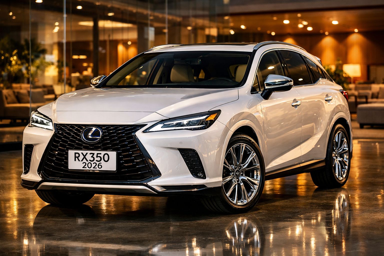 Carro SUV Lexus RX350 2026 branco estacionado em ambiente interior iluminado.