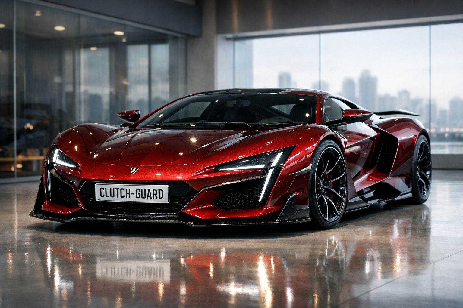 Carro desportivo vermelho metálico estacionado em interior moderno com janelas amplas.