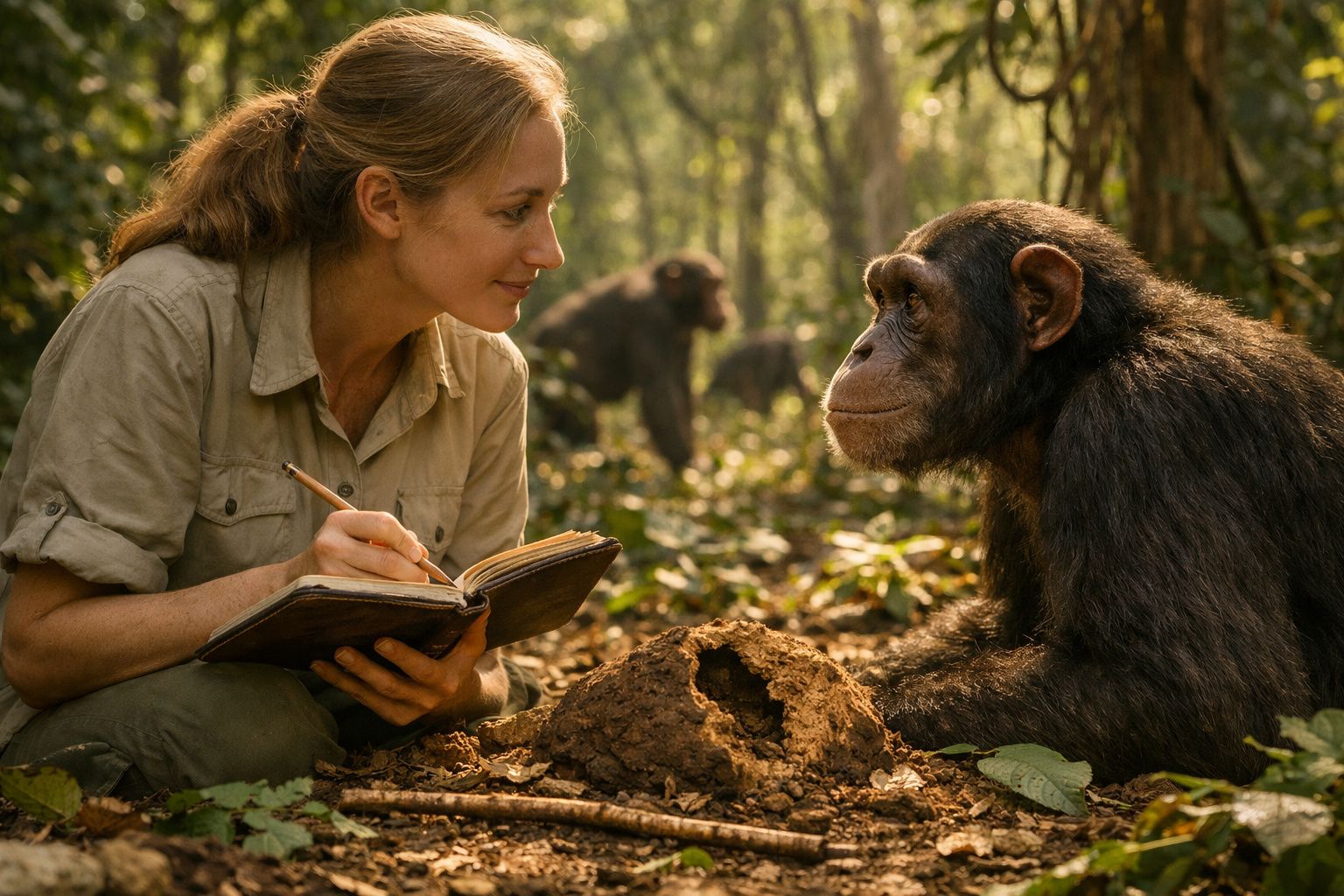 Mulher a escrever num caderno enquanto observa de perto um chimpanzé numa floresta.