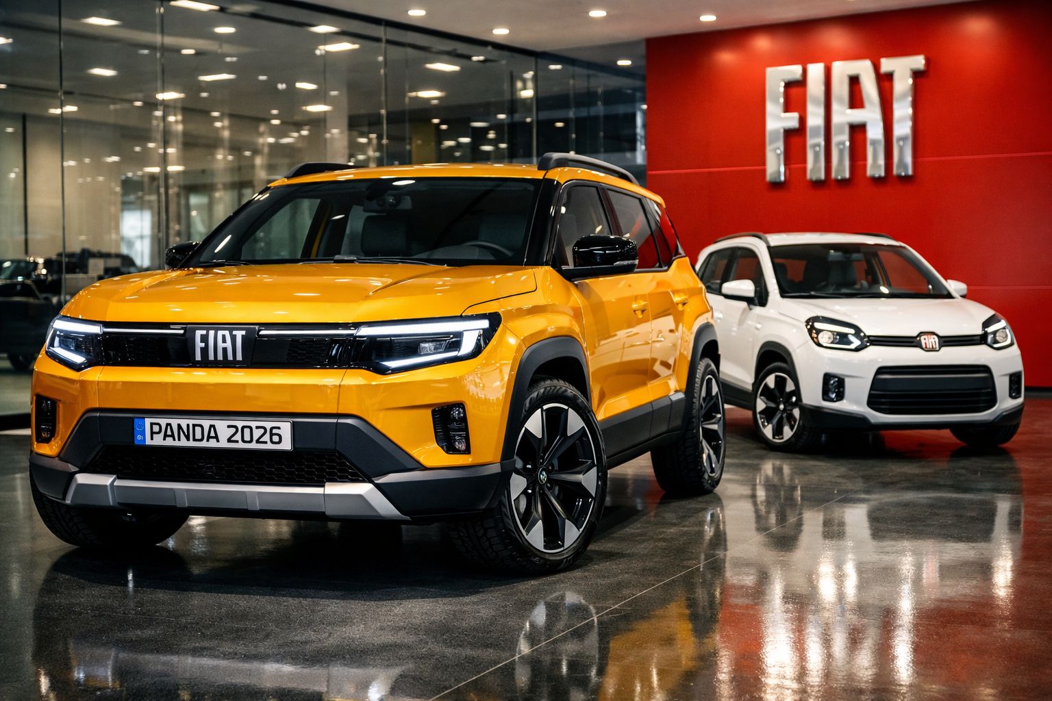 Dois carros SUV Fiat Panda 2026, um amarelo em destaque e um branco ao fundo, em showroom com logo Fiat vermelho.