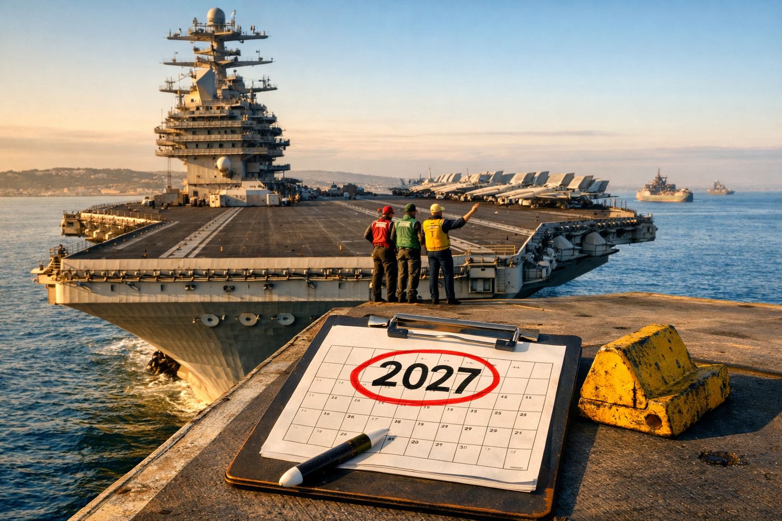 Porta-aviões ancorado com três pessoas a bordo e calendário com ano 2027 marcado em destaque no cais.