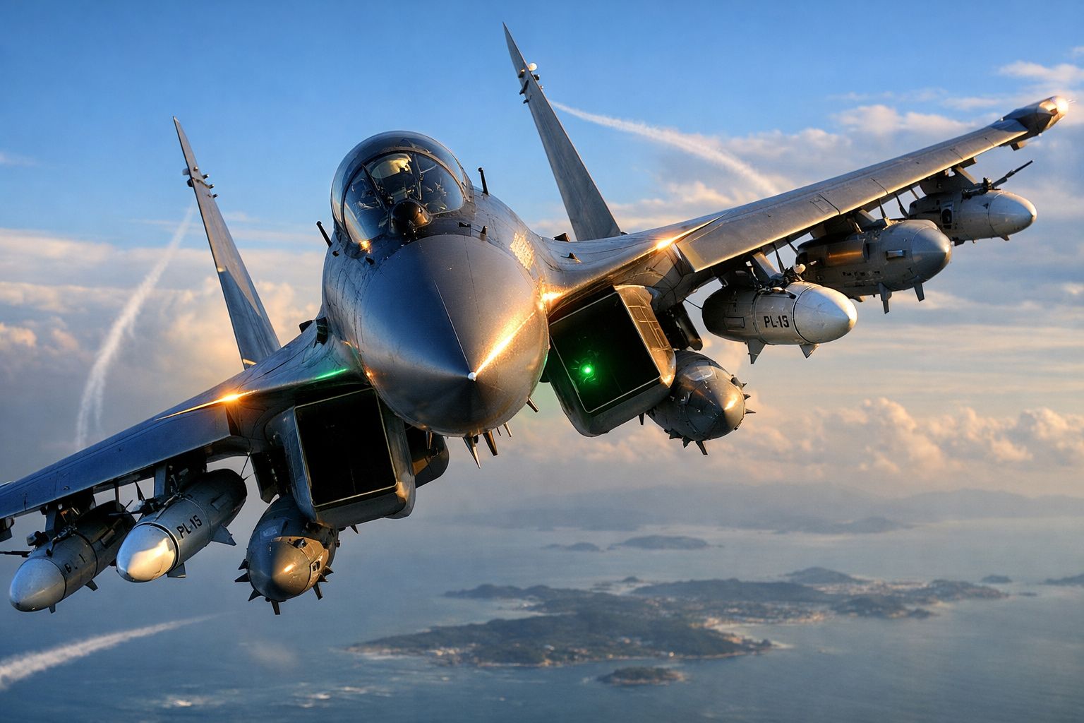 Caça militar a jato num voo baixo sobre uma paisagem costeira ao entardecer.