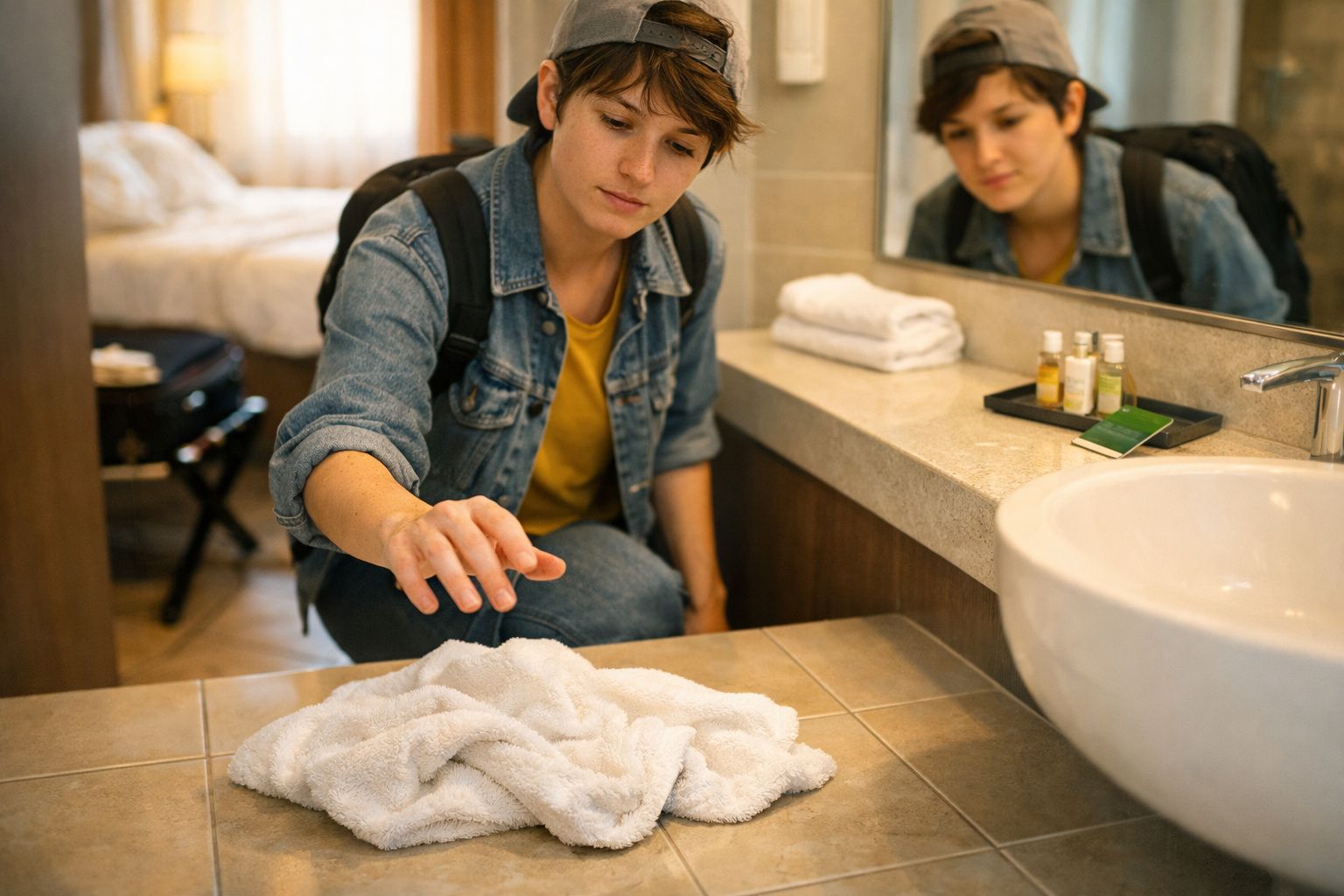 Pessoa de cabelo curto e boné para trás estende a mão para uma toalha branca num lavatório.