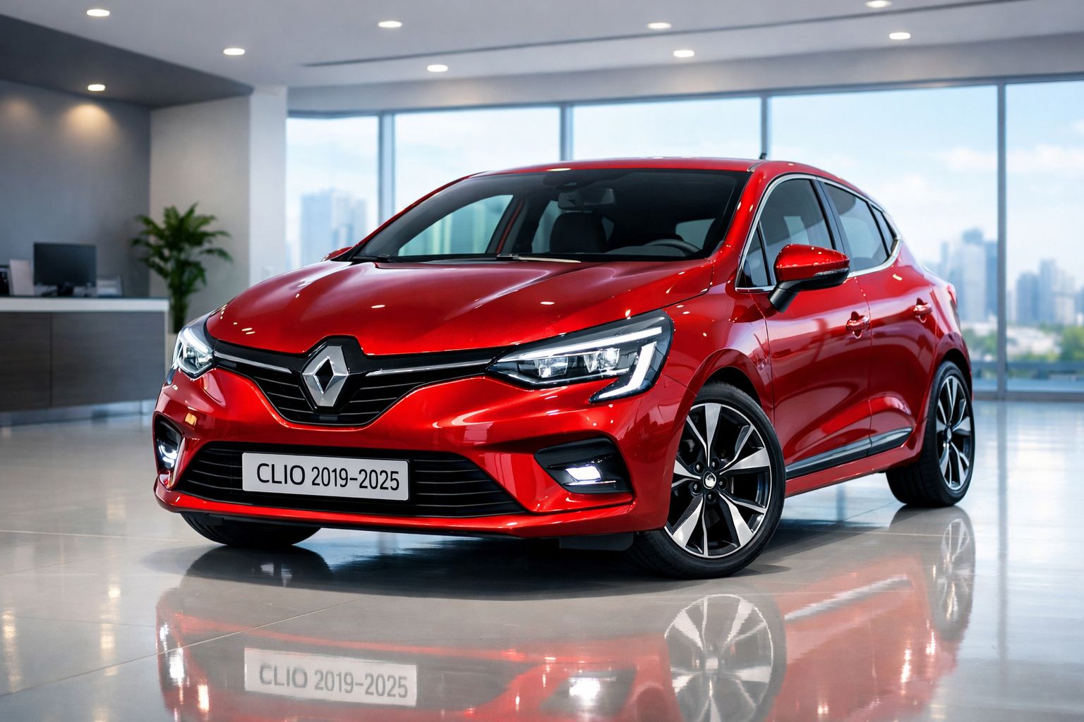 Carro vermelho Renault Clio 2019-2025 estacionado em interior moderno com janelas amplas.