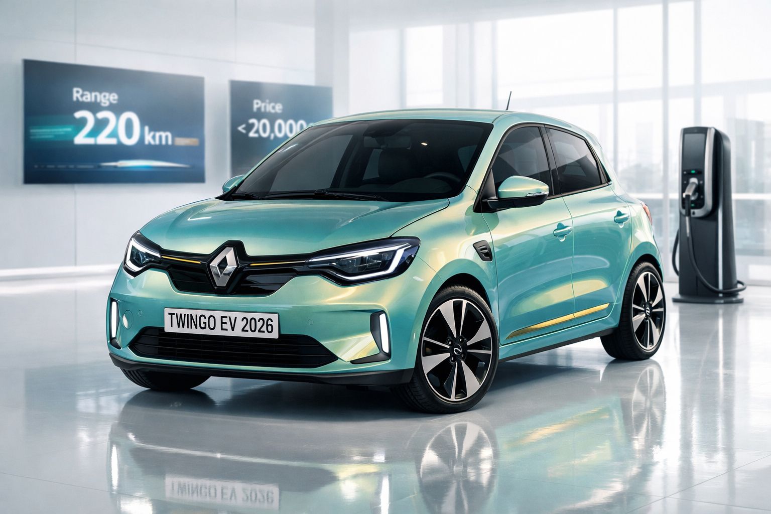 Renault Twingo EV 2026 elétrico azul em showroom com carregador e informações de autonomia e preço.