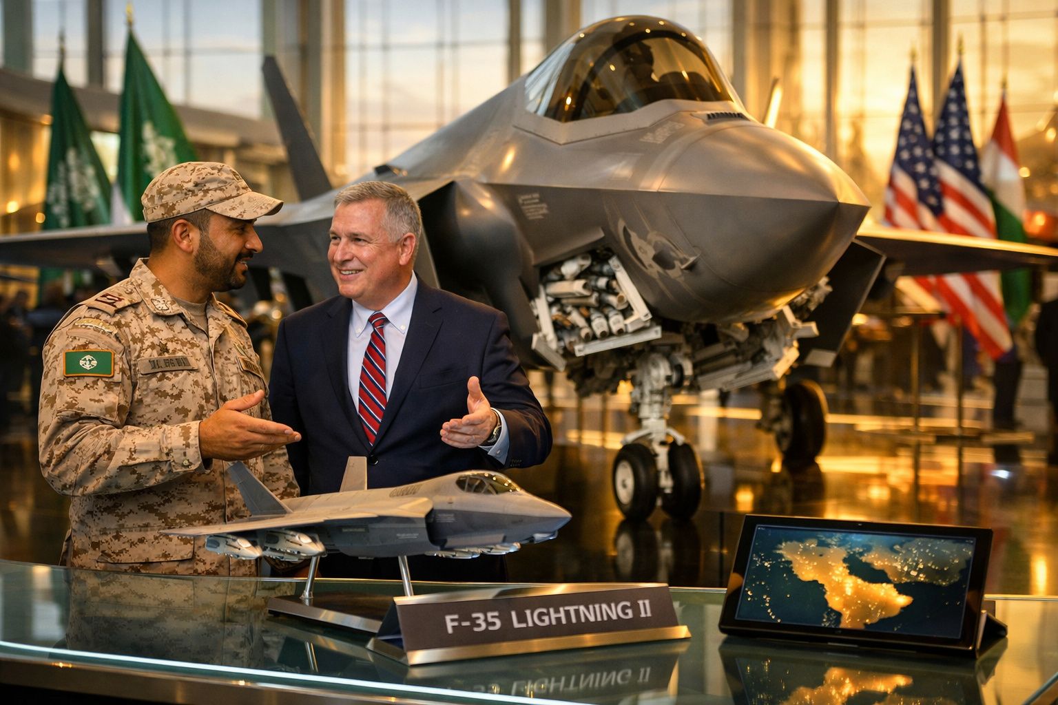 Militar saudita e homem de fato azul discutem modelo e jato F-35 Lightning II exibidos em hangar.