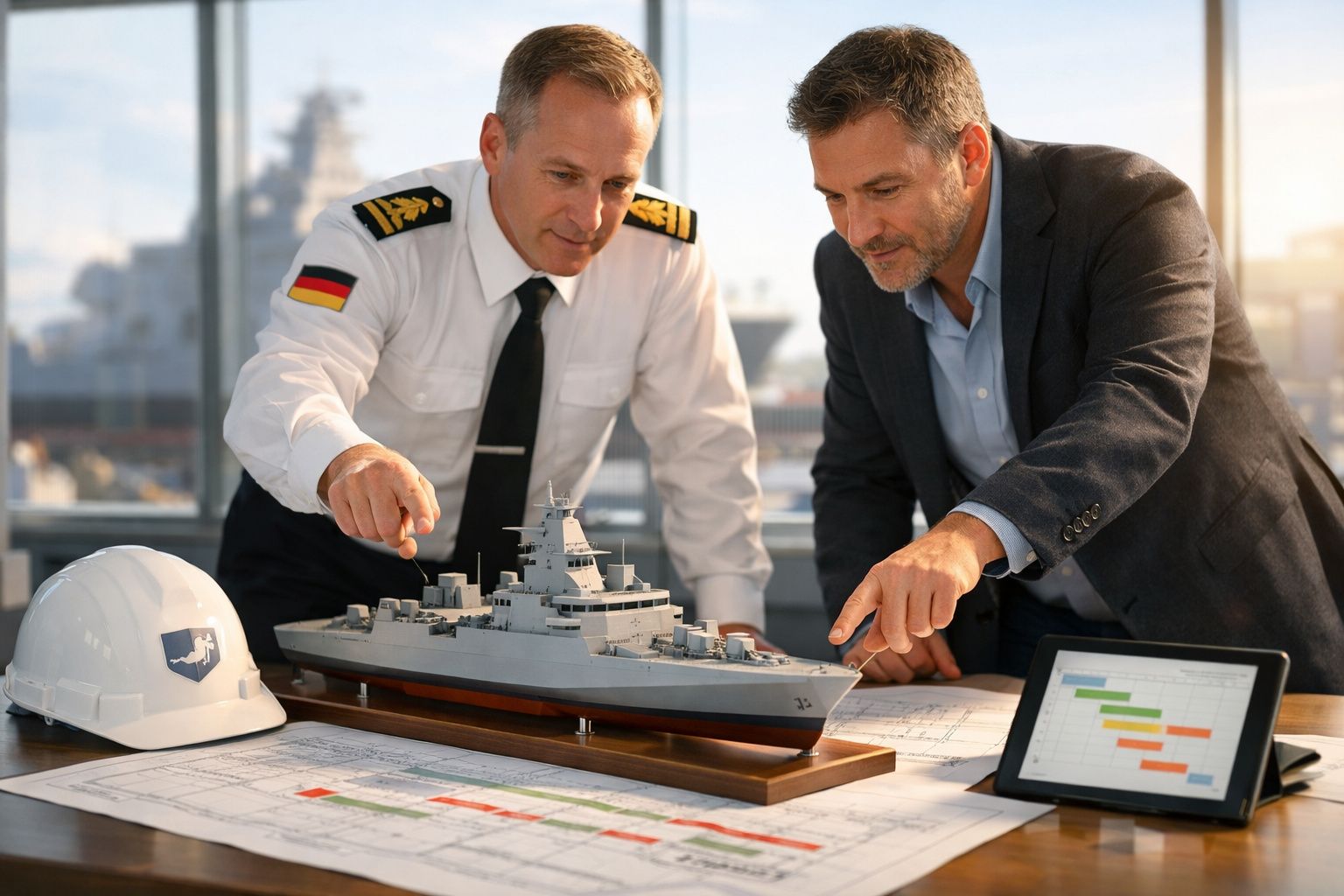 Dois homens a analisar um modelo de navio militar numa mesa com planos e um gráfico num tablet.