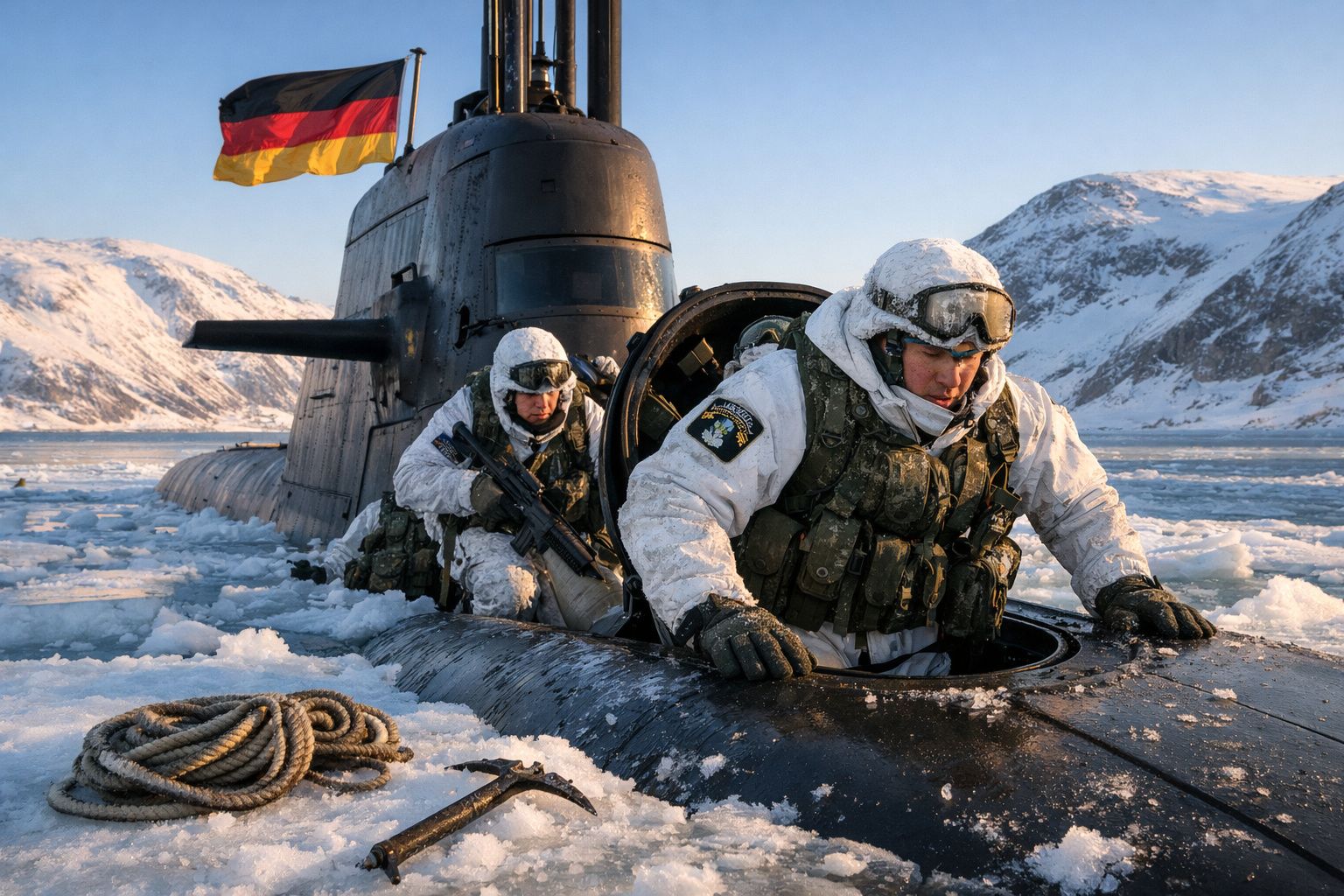 Dois soldados com equipamento de inverno saem de um submarino na água gelada, rodeados por montanhas nevadas.