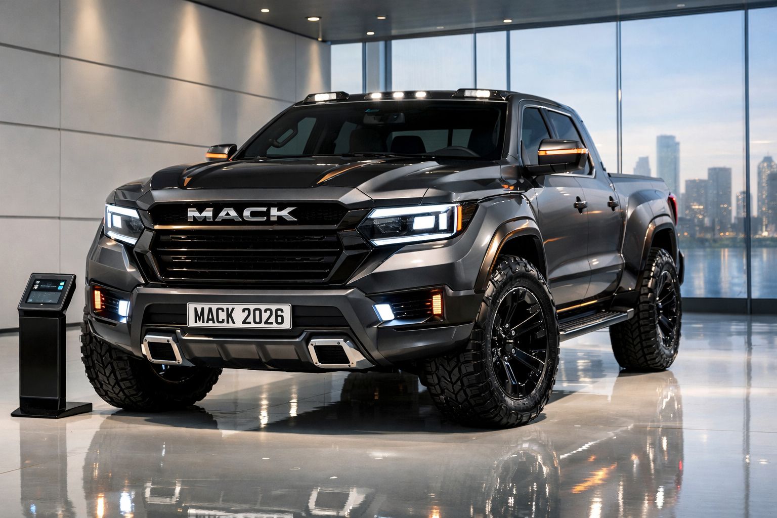 Picape preta Mack 2026 com design robusto exposta em espaço moderno com vista urbana ao fundo.
