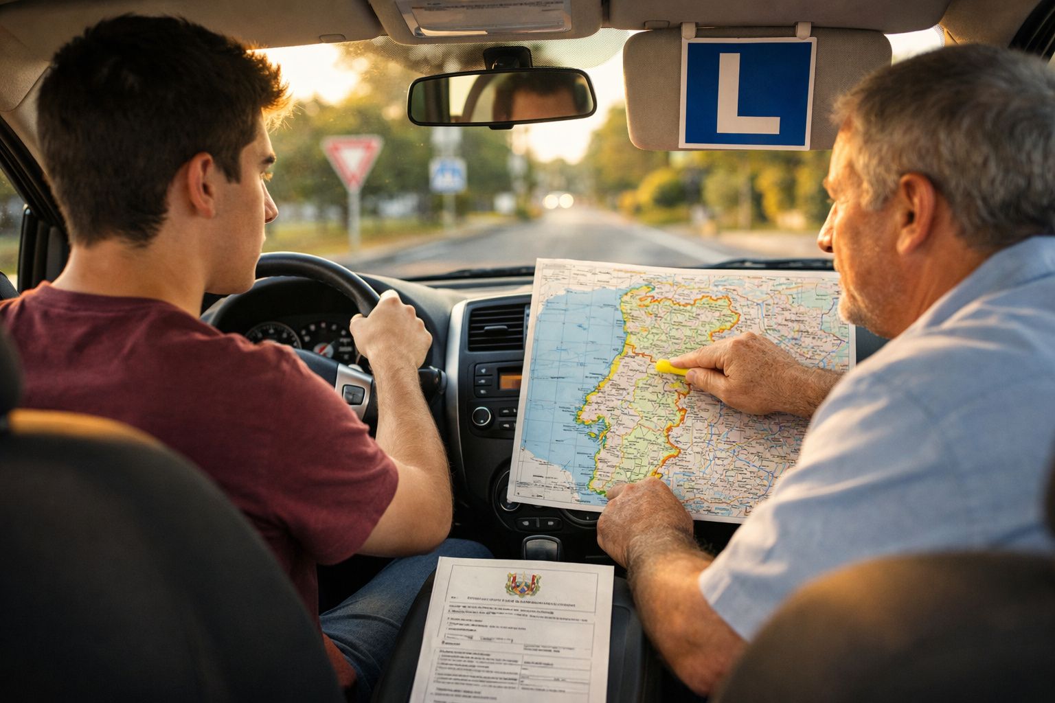 Instrutor de condução a mostrar ao aluno um mapa de Portugal dentro de carro com sinal de aprendizagem.