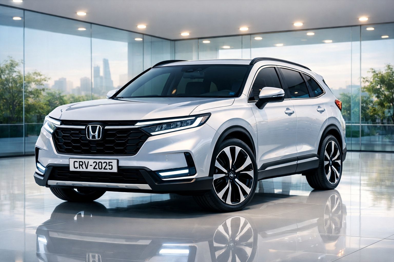 Carro Honda CR-V 2025 branco, estacionado num espaço interior moderno com parede de vidro.
