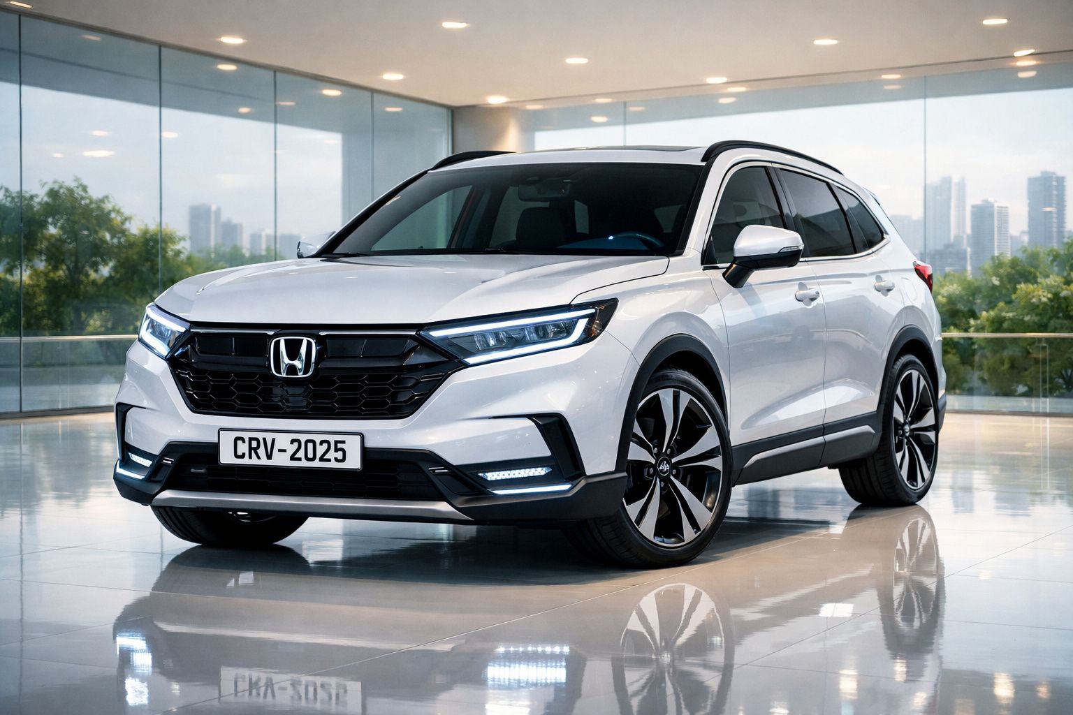 Automóvel Honda CR-V 2025 branco estacionado em showroom moderno com chão refletor.