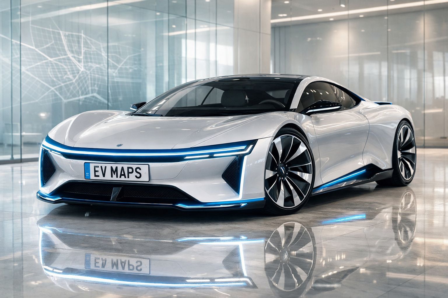 Carro elétrico desportivo branco com luzes LED azuis numa sala moderna e luminosa.