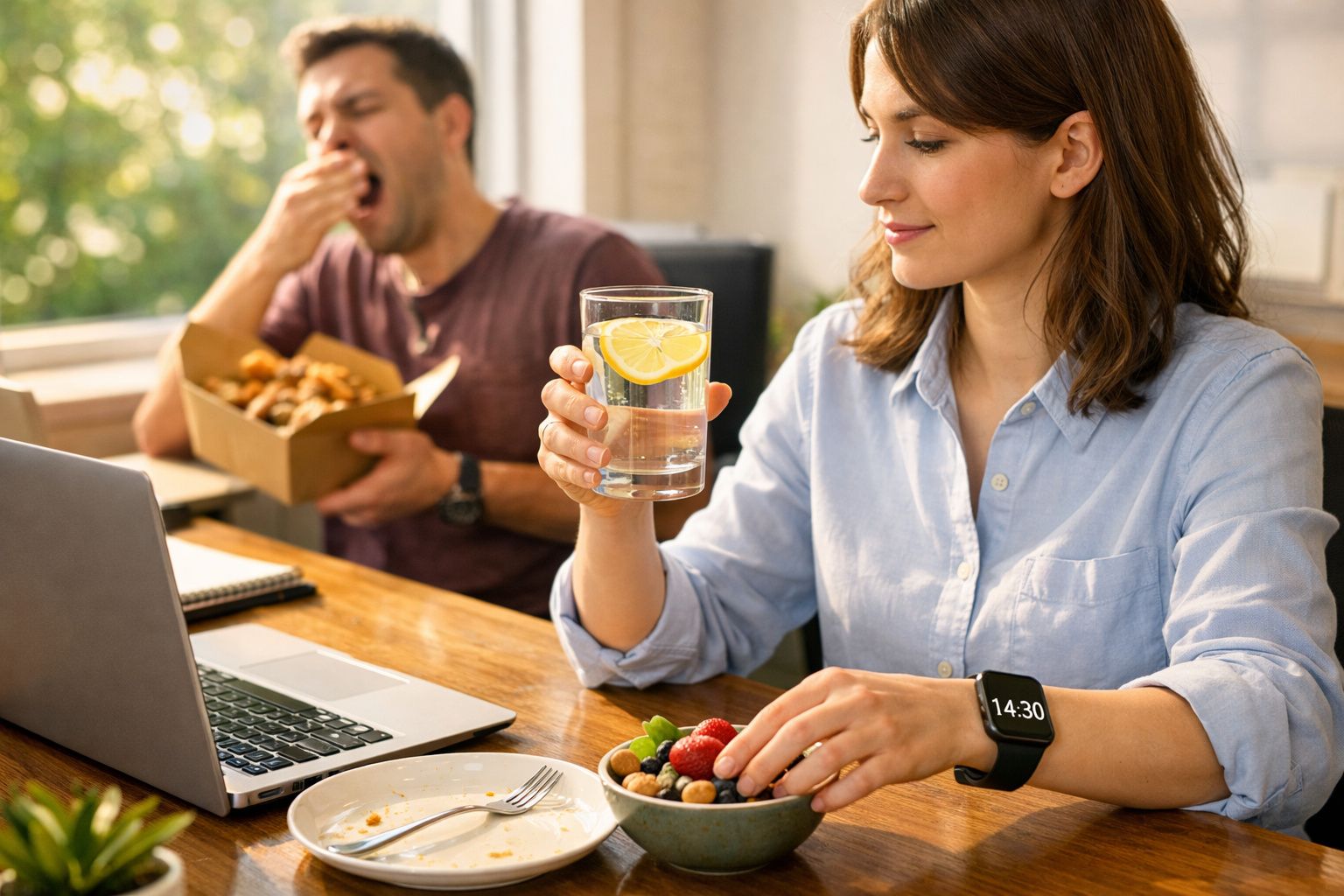 Mulher a segurar copo de água com limão e a comer frutos, homem a bocejar com caixa de comida às costas.