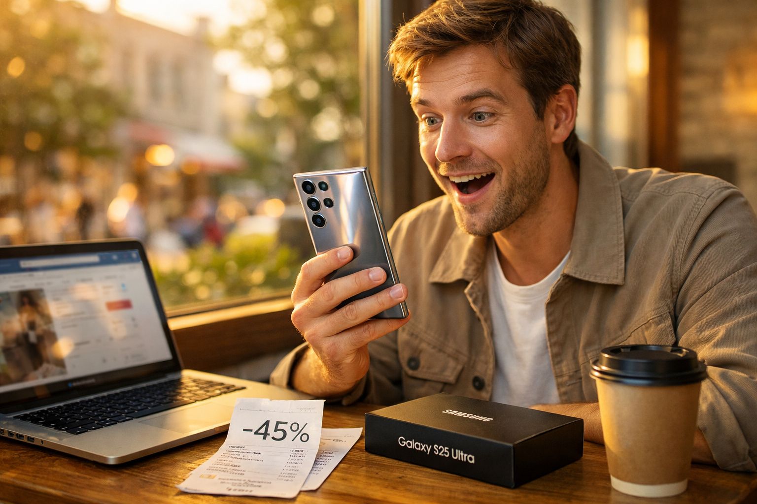 Homem entusiasmado olha para telemóvel Galaxy S23 Ultra, sentado junto a computador portátil e café.