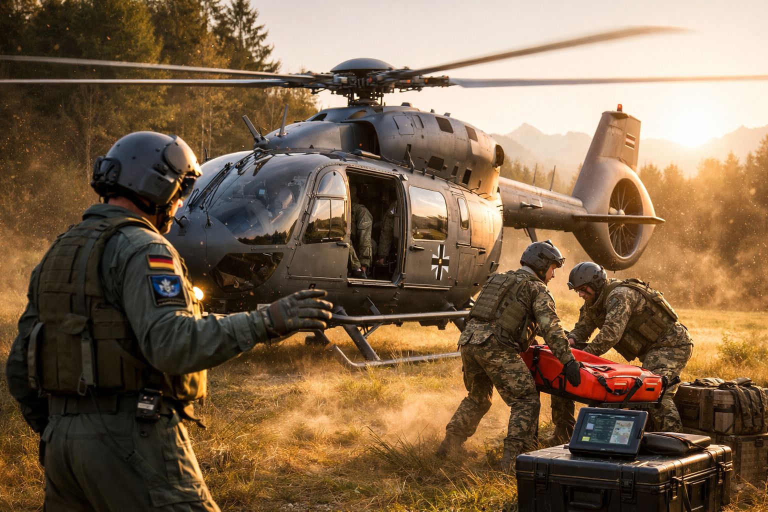 Soldados militares em uniforme camuflado transportam maca próxima a helicóptero preto numa clareira ao pôr do sol.