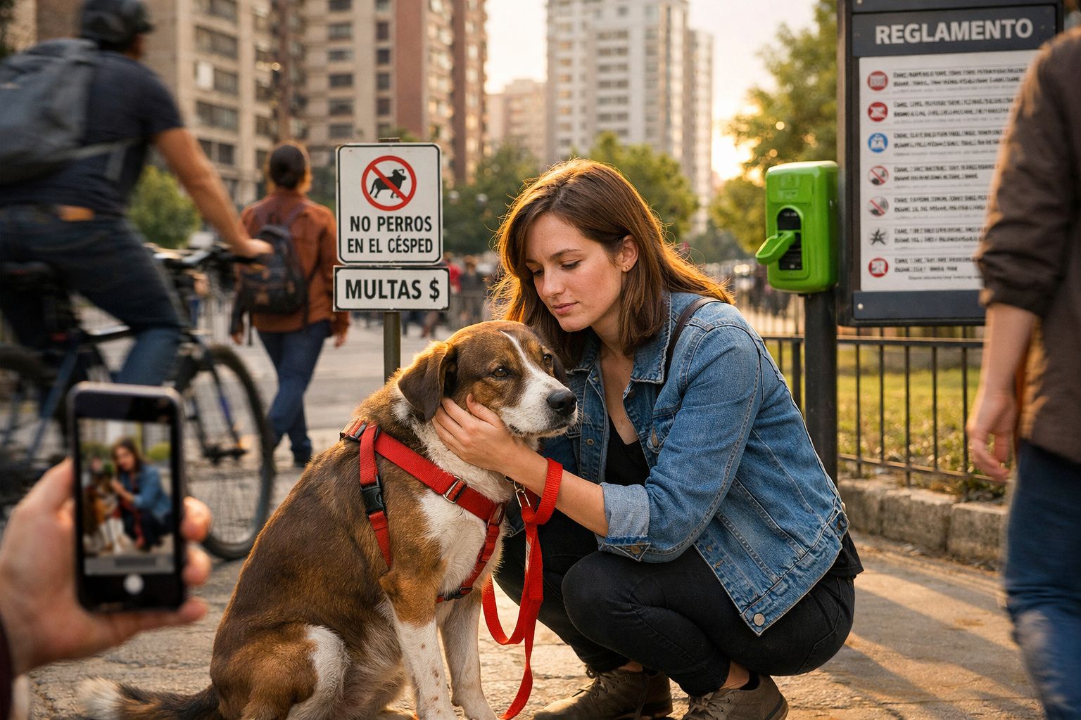Mulher de cabelo castanho agachada a abraçar cão junto a placa que proíbe cães na relva numa rua urbana.