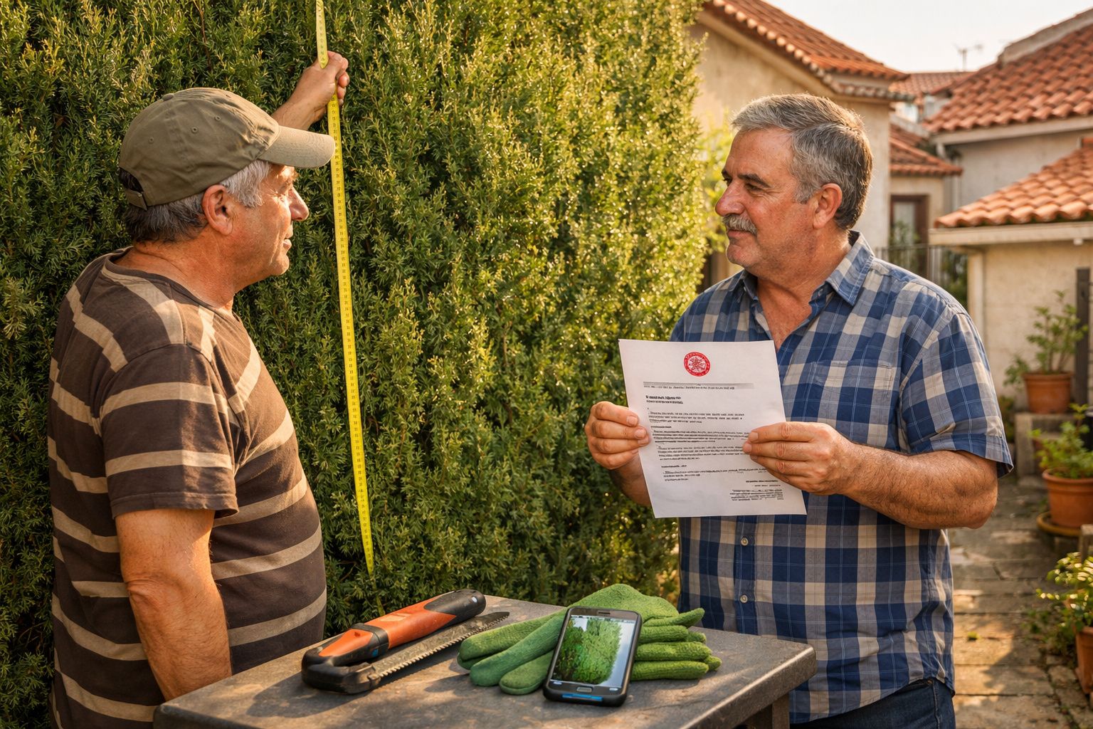 Dois homens medem e discutem plantas num jardim com ferramentas e papelada.