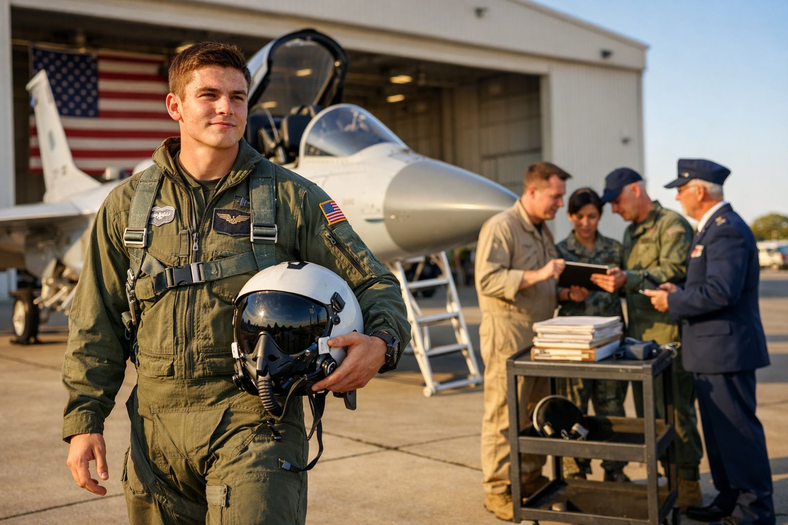 Piloto militar com fato de voo verde segura capacete perto de jato de combate com equipa a trabalhar ao fundo.