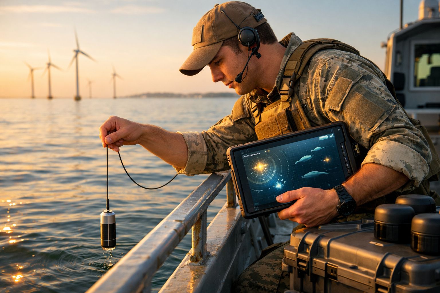Homem com farda militar coleta dados da água no mar com dispositivo tecnológico a bordo de barco ao pôr do sol.