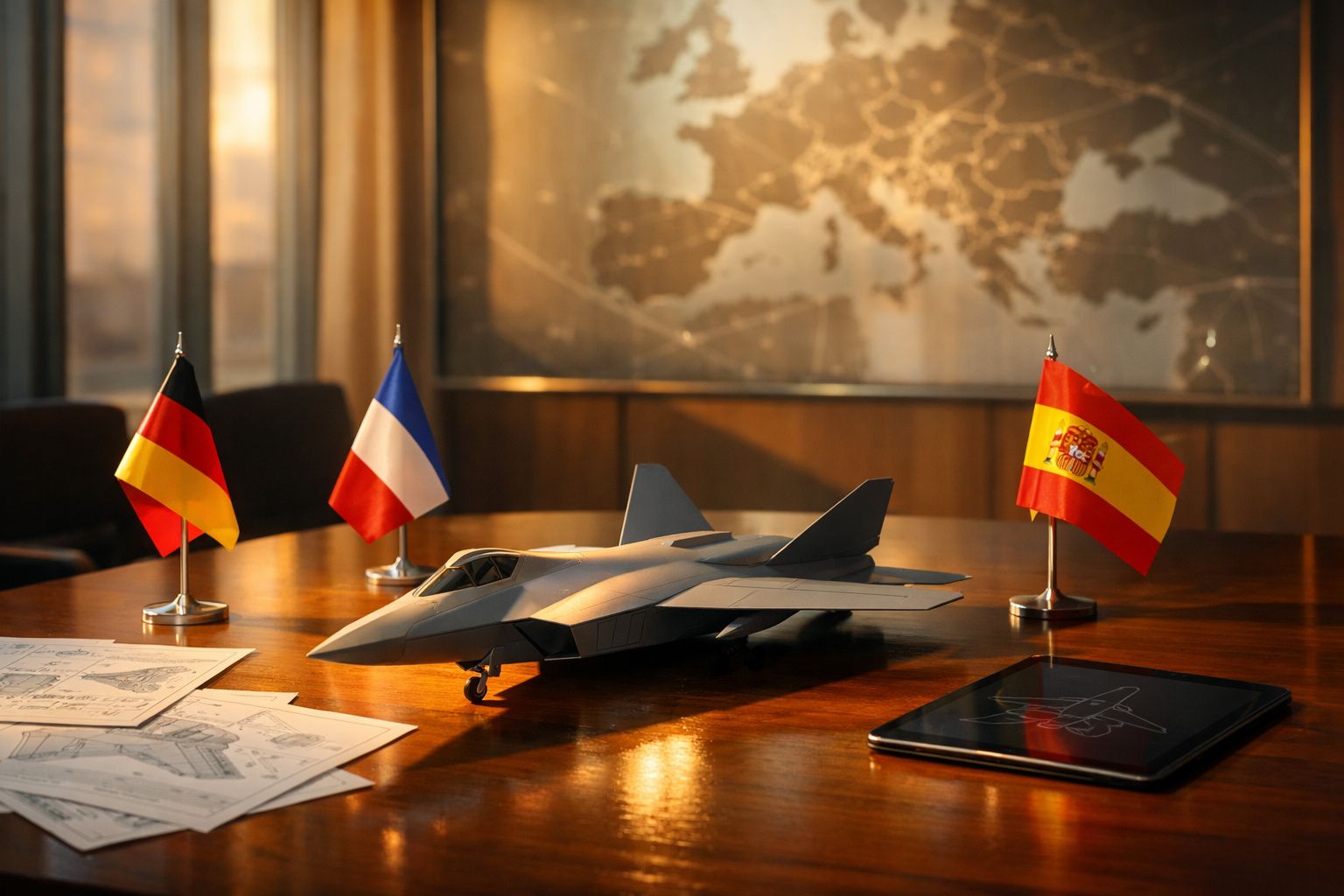 Modelo de avião militar em mesa com bandeiras da Alemanha, França e Espanha, plantas técnicas e tablet.