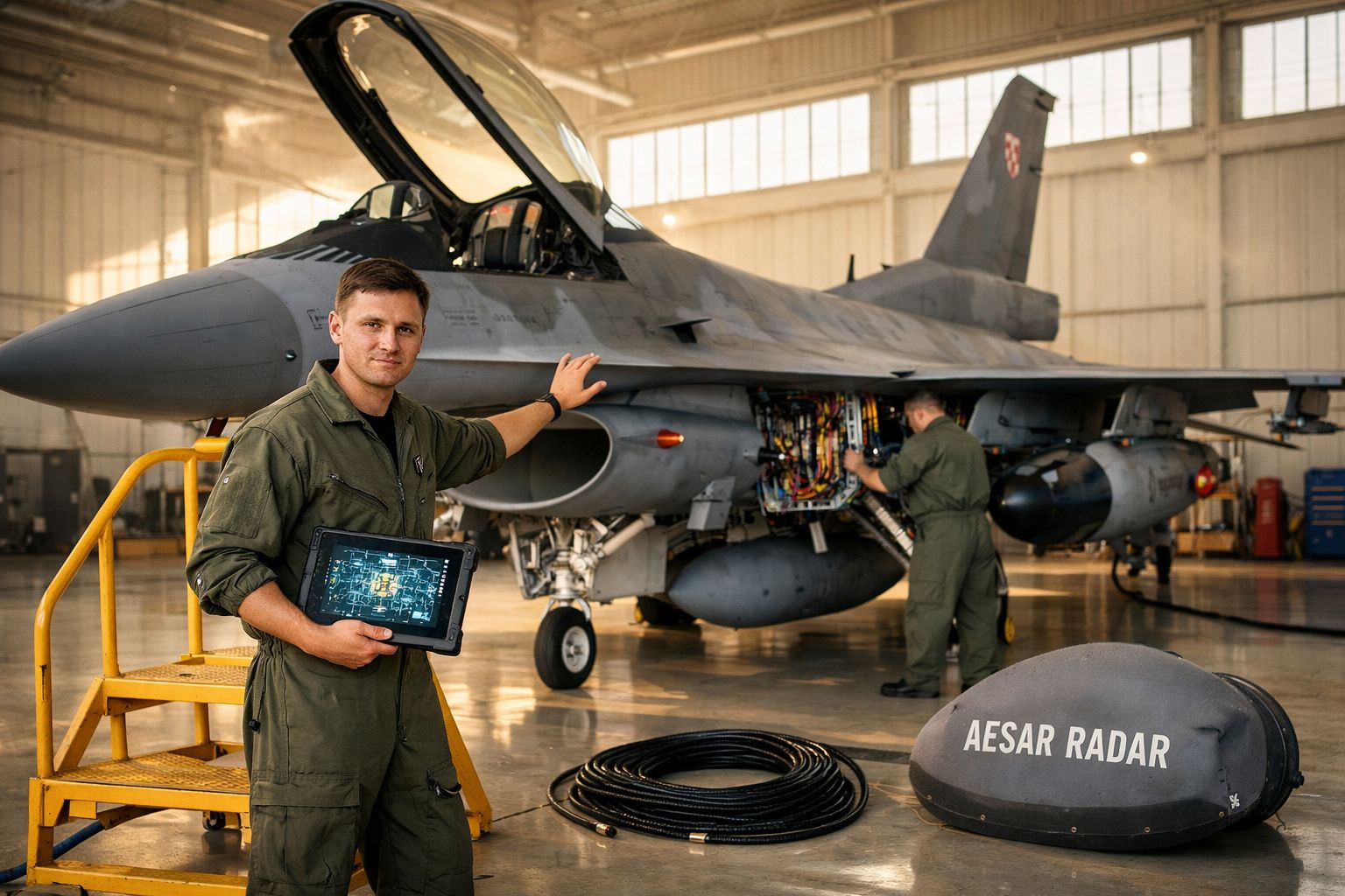 Técnicos militares a inspecionar e reparar um avião de caça dentro de um hangar.