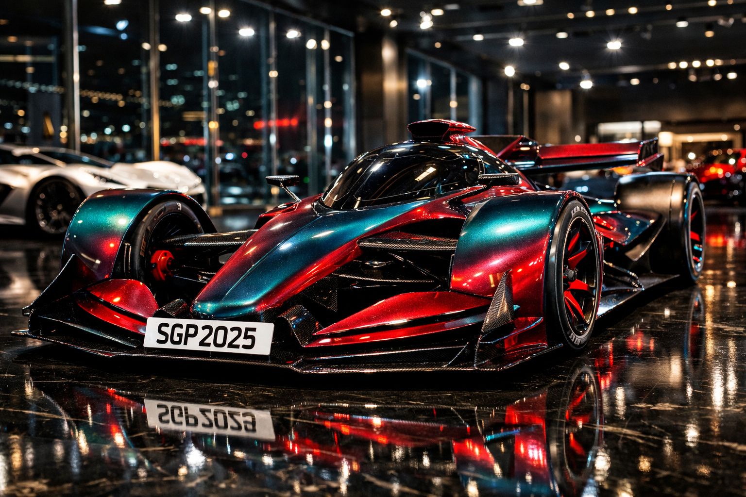 Carro de corrida futurista vermelho e azul com placa SGP2025 em chão espelhado dentro de showroom iluminado.